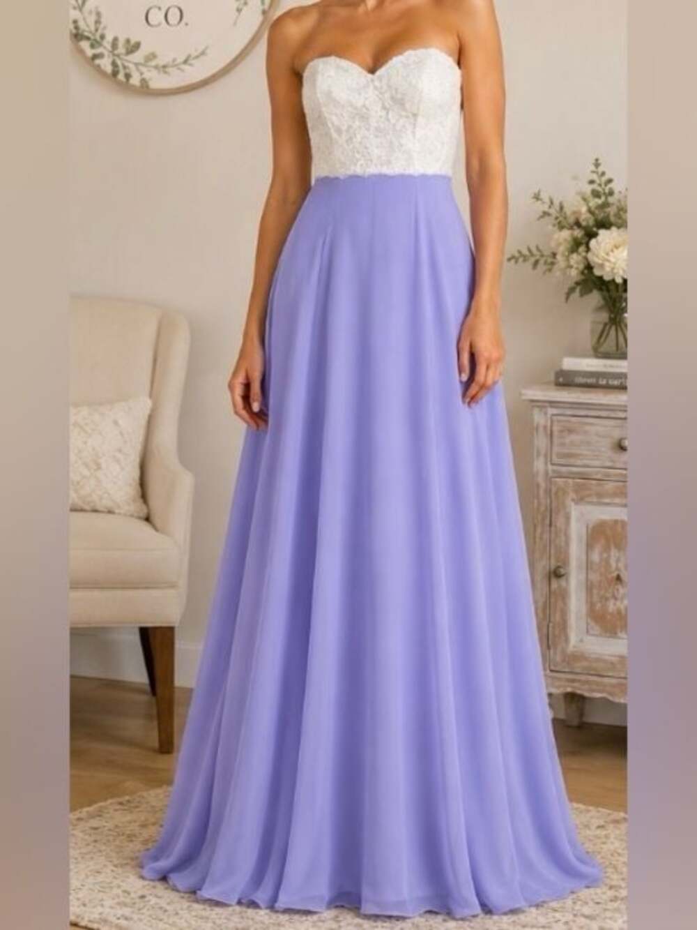Social Bridesmaids Size 2 Lavender Purple & Ivory Lace Strapless Formal Gown 816